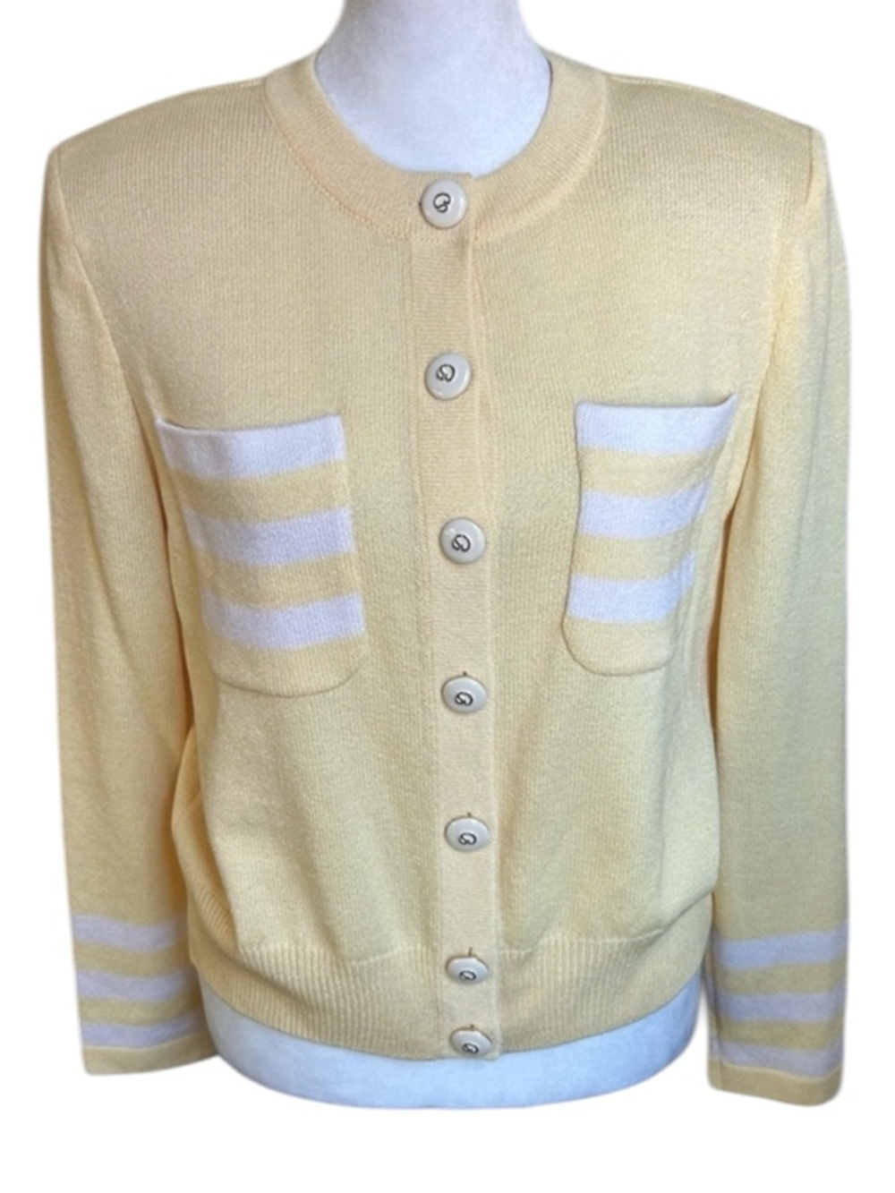 ▶️ St John Vintage Yellow Cardigan Sweater Enamel Buttons Stripe Knit Size 6